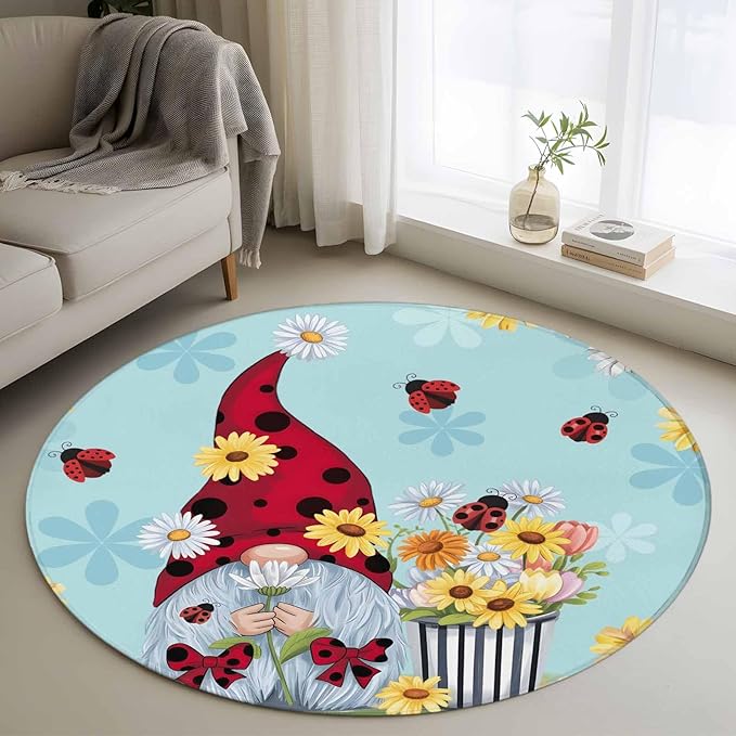 Washable Round Area Rug Summer Ladybug Gnome Daisy Flower Circle Rugs Floor Carpet for Living Room Bedroom, Watercolor Bloom Floral on Blue Soft Non Slip Round Rug 3ft