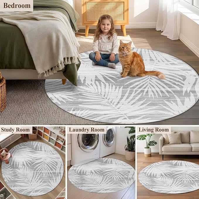 Washable Round Area Rug Modern Gray Palm Leaves Circle Rugs Floor Carpet for Living Room Bedroom, Boho Tropical Leaves Soft Non Slip Round Rug 5ft