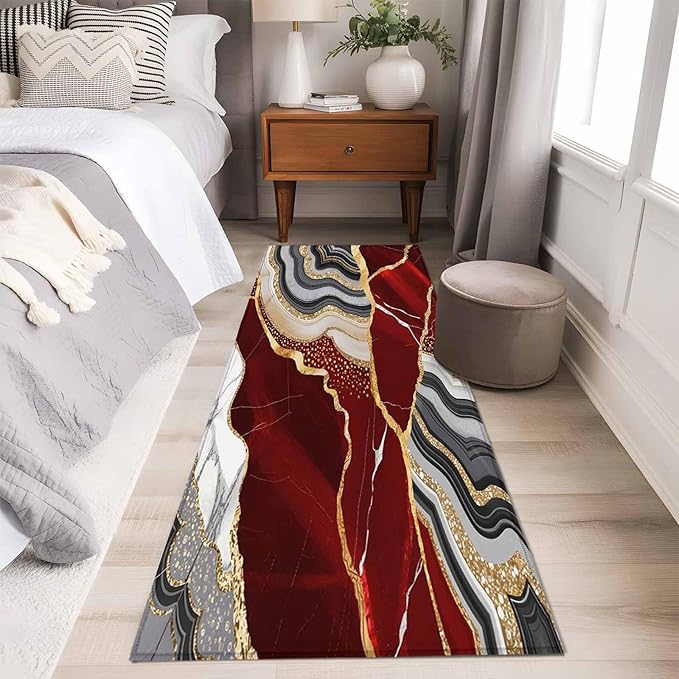Runner Rug for Bedroom Hallway, Abstract Flowing Marble Fluid Art Kitchen Runner Rugs Area Rug 2x6ft, Red and Gold Lines Washable Soft Floor Carpet for Entryway Stair