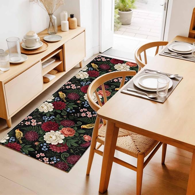 Runner Rug for Bedroom Hallway, Pastoral Colorful Flower Leaf Kitchen Runner Rugs Area Rug 2x6ft, Country Blossom Floral Bird Washable Soft Floor Carpet for Entryway Stair