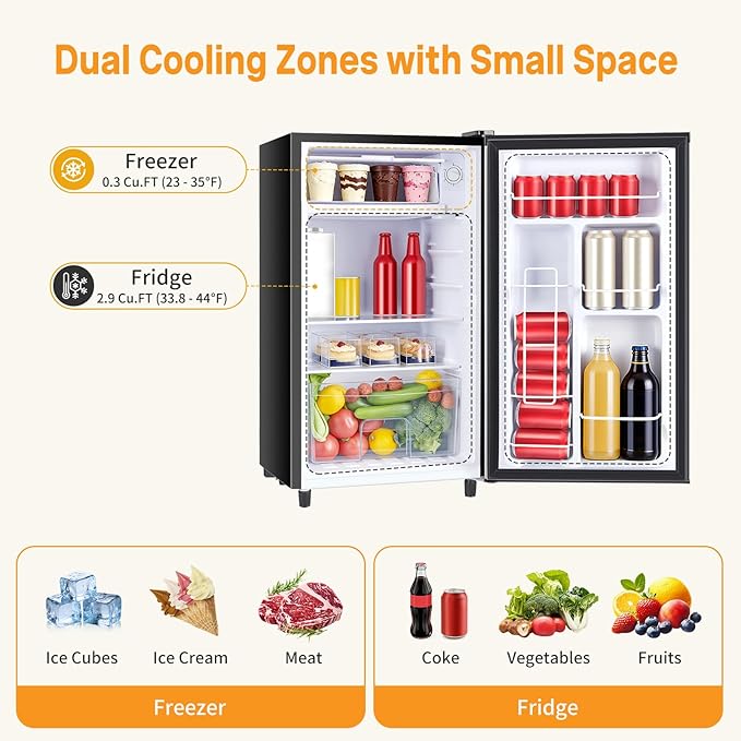 NEWBULIG Mini Fridge with Freezer 3.2 Cu.Ft Small Refrigerator for Office, Dorm, Small Fridge with Adjustable Thermostat, Energy Saving, Singel Door, Black