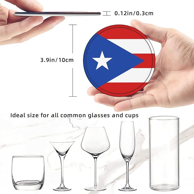 Puerto Rico Flag Leather Drinks Coasters with Holder, Set of 6, Suitable for Various Cups