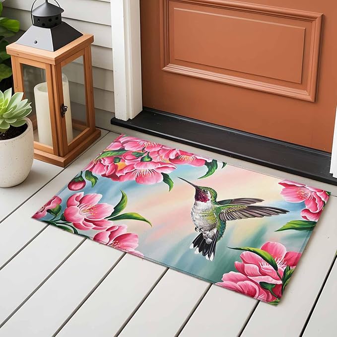 Area Rug 2x3ft, Hummingbird Flower Peach Blossom Washable Rugs for Living Room Bedroom, Nature Oil Painting Art Soft Non-Slip Area Rugs Rectangle Floor Carpet for Dining Room