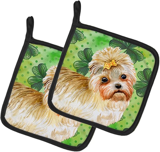 Caroline's Treasures BB9842PTHD Morkie St Patrick's Pair of Pot Holders, Green Kitchen Heat Resistant Pot Holders Sets Oven Hot Pads for Cooking Baking BBQ, 7 1/2 x 7 1/2