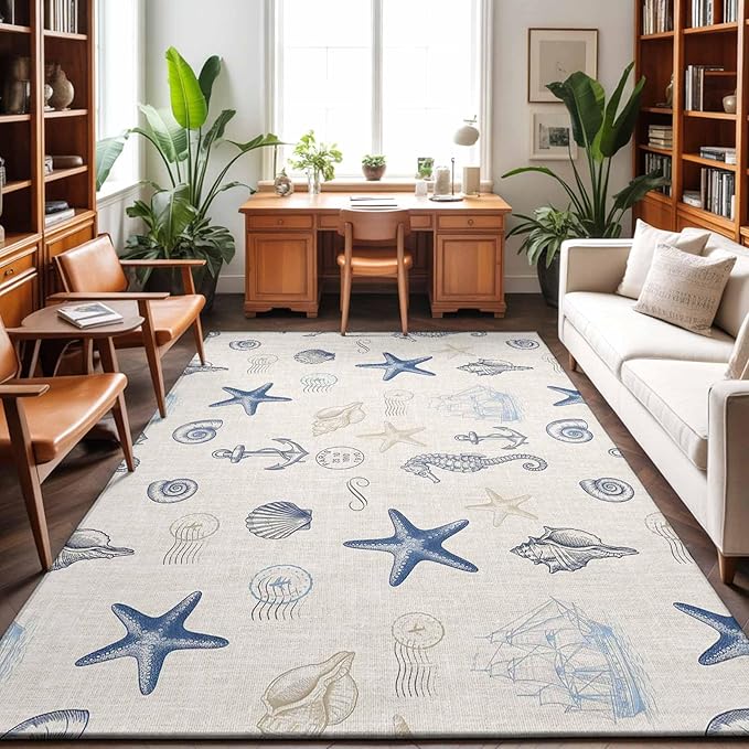 Area Rug 8x10ft, Coastal Seahorse Starfish Shell Conch Washable Rugs for Living Room Bedroom, Vintage Nautical Anchor Soft Non-Slip Area Rugs Rectangle Floor Carpet for Dining Room