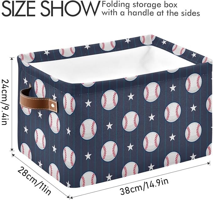 Rectangular Storage Bin Baseball Blue Print Storage Baskets with Handles Toy Bins Shelf Basket for Nursery Room Kids Toy Pets Closet
