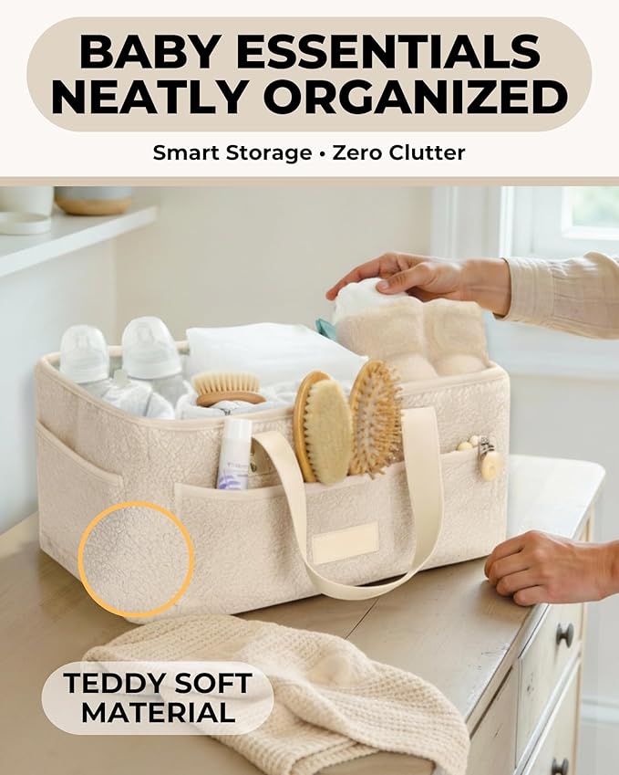 Baby Diaper Caddy Organizer with Portable Changing Mat - Teddy Fleece Diaper Organizer for Changing Table - Basket for Changing Essentials - Baby Essentials Organizer with Removable Dividers
