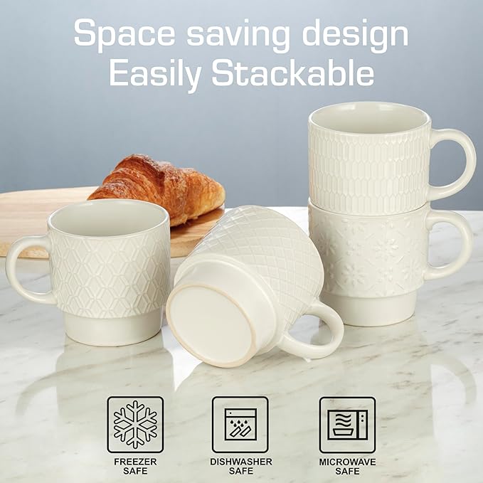 Signature Housewares Stackable Coffee Mug Tower Set with Metal Wire Rack - 15 Ounce Coffee Mugs for Coffee, Tea, Cocoa, Milk, Cappuccino, Hot Chocolate Set of 4 - White Glazed Ceramic