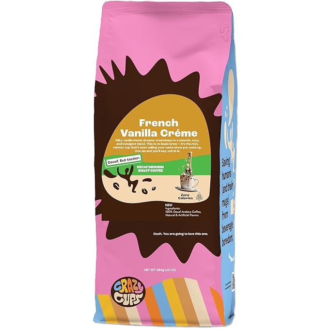 Crazy Cups Decaf Flavored Ground Coffee, French Vanilla Crème, in 10 oz Bag, For Brewing Flavored Hot or Iced Decaf Coffee