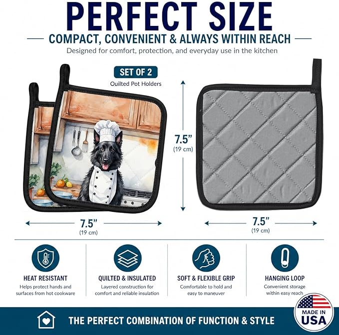Caroline's Treasures Belgian Sheepdog The Chef Pair of Pot Holders Kitchen Heat Resistant Pot Holders Sets Oven Hot Pads for Cooking Baking BBQ, 7 1/2 x 7 1/2