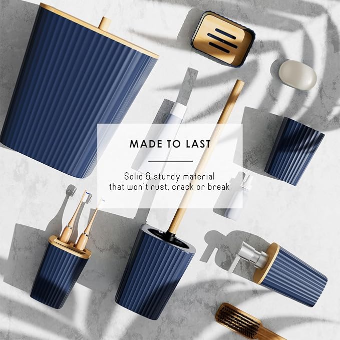 Clara Clark Bathroom Accessories Set - Bathroom Set, Bathroom Sets with Shower Curtain and Rugs, Shower Curtain Set with Bathroom Trash Can - Navy - 22PC