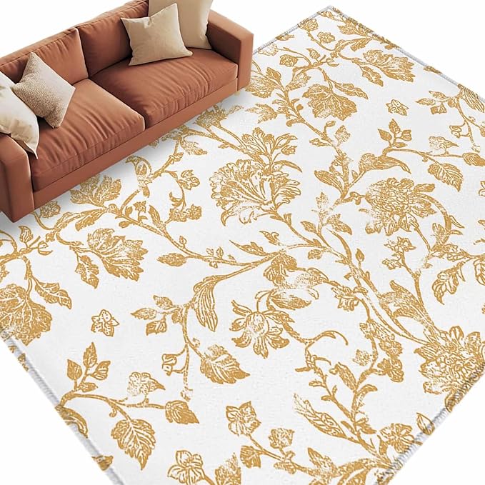 Area Rug 6x9ft, Vintage Farmhouse Flowers Pattern Washable Rugs for Living Room Bedroom, Yellow Floral Art Soft Non-Slip Area Rugs Rectangle Floor Carpet for Dining Room