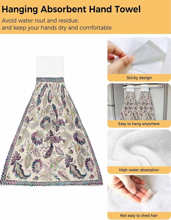 Alandar Home Kitchen Tie Towel Set of 1, Paisley Style Flowers Absorbent Soft Hand Towels for Bathroom Hanging Towels, Abstract Ethnic Floral Art Fast Drying Cleaning Cloth with Loop