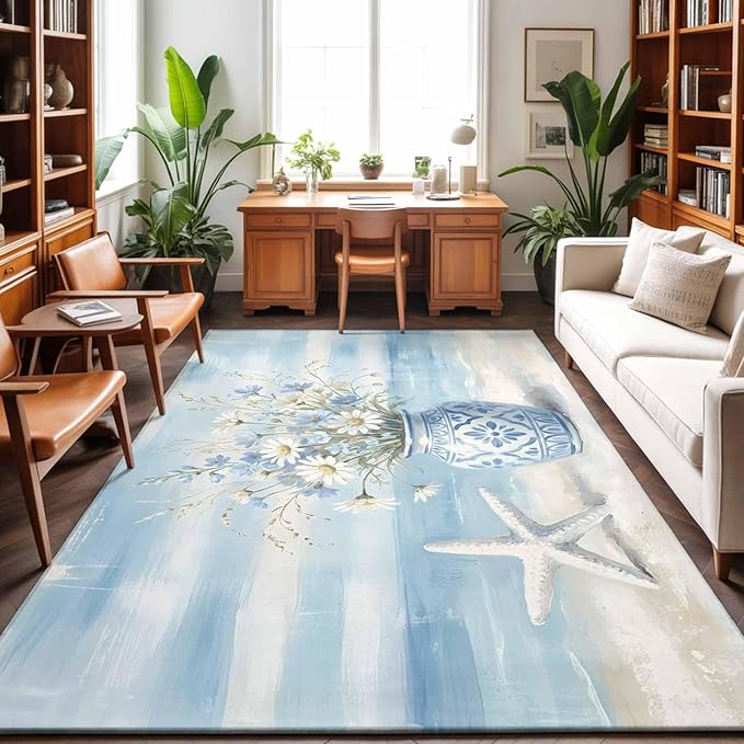 Area Rug 9x12ft, Summer Beach Starfish Flower Washable Rugs for Living Room Bedroom Rectangle Floor Carpet, Marine Theme Daisy Vase Soft Non-Slip Area Rugs for Dining Room