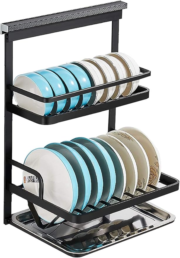 Kitchen Supplies 2-Layer Wall-Mounted Dish Rack Black Storage Kitchen Drain Rack for Storage of Dishes/Kitchenware 49.5 25 38Cm Gifts for Ladies