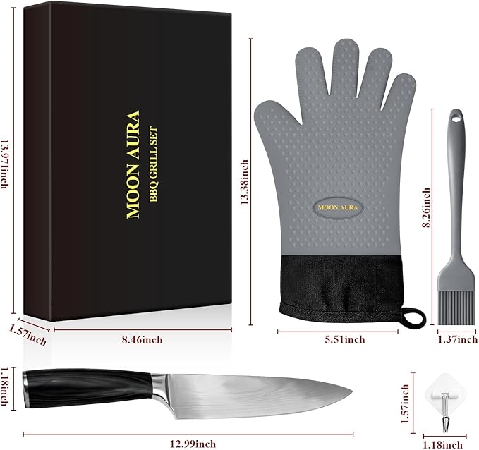 Silicone Smoker Oven Gloves - BBQ Gloves with Sharp Knife, Basting Brush and Sticky Hook.