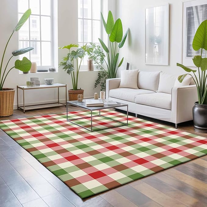 Area Rug 4x6ft, Vintage Pastoral Red Green Buffalo Gingham Washable Rugs for Living Room Bedroom, Christmas Plaid Soft Non-Slip Area Rugs Rectangle Floor Carpet for Dining Room