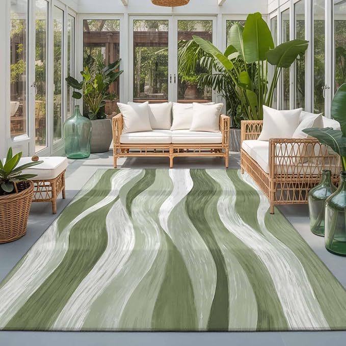 Area Rug 3x5ft, Modern Sage Green Gradient Stripe Washable Rugs for Living Room Bedroom, Abstract Ocean Wave Soft Non-Slip Area Rugs Rectangle Floor Carpet for Dining Room