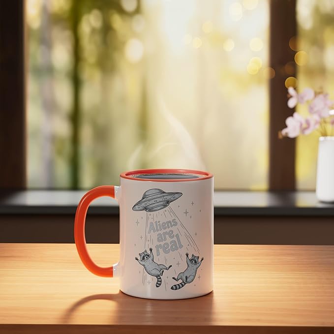 Aliens Are Real UFO Raccoon Abduction Ironic Meme Ceramic Mug, Orange/White