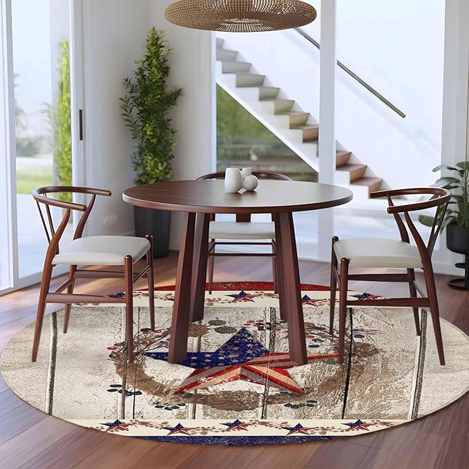 Washable Round Area Rug Retro USA Flag Star and Berry Circle Rugs Floor Carpet for Living Room Bedroom, Wooden Texture Soft Non Slip Round Rug 5ft