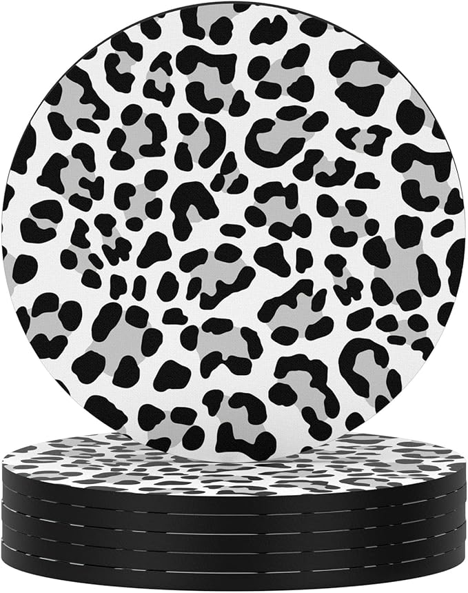 Nipichsha Coasters for Drinks, Set of 6 Cute Absorbent Rubber Drink Coasters for Cup with Non Slip Backing, Kitchen Home Decor Housewarming Gift, Round 4 in, White Leopard