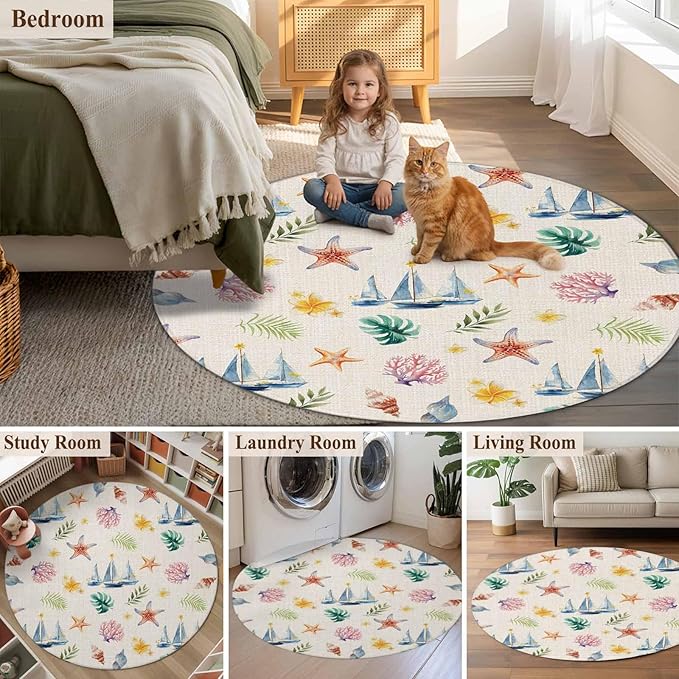 Washable Round Area Rug Summer Sea Starfish Sailboat Circle Rugs Floor Carpet for Living Room Bedroom, Marine Life Coral on Linen Soft Non Slip Round Rug 5ft