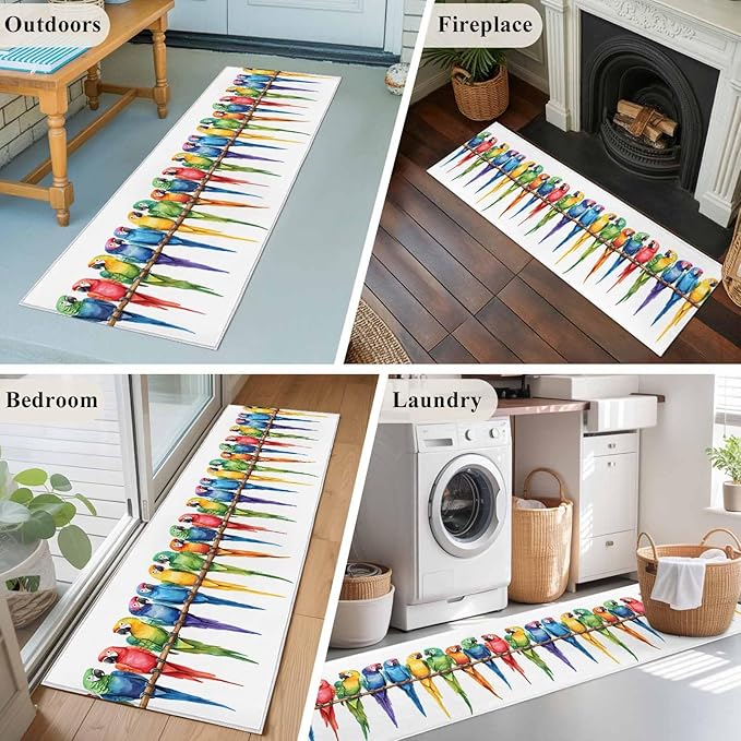 Runner Rug for Bedroom Hallway, Funny Watercolor Parrot Kitchen Runner Rugs Area Rug 2x6ft, Red Green Blue Gradient Bird Washable Soft Floor Carpet for Entryway Stair