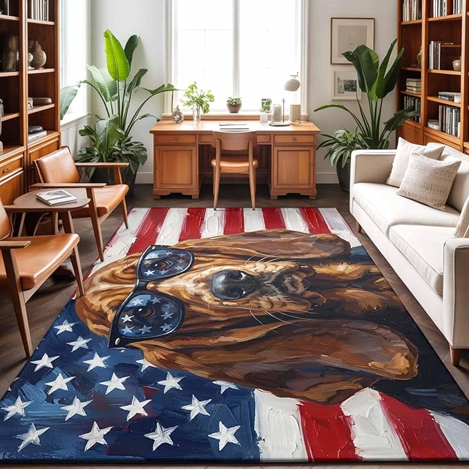 Area Rug 9x12ft, Independence Day USA Flag Washable Rugs for Living Room Bedroom Rectangle Floor Carpet, Basset Hound Patriotic Sunglasses Soft Non-Slip Area Rugs for Dining Room