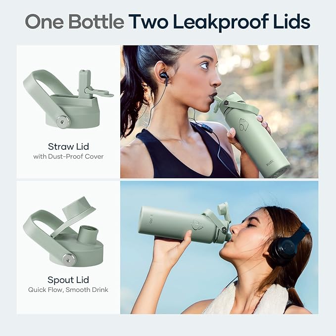BUZIO 24 oz Water Bottle Insulated, Leakproof Stainless Steel Flask (Cold for 48 Hrs), Wide Mouth BPA-Free Metal Thermo Hydro Canteen with 2 Lids, Sage Green