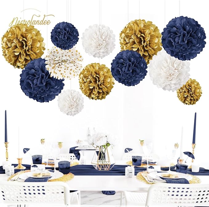 NICROLANDEE Wedding Party Decorations - 12 PCS Navy Blue and Gold Tissue Paper Pom Poms for Colleage Graduation, Baby&Bridal Shower, Birthday, Bachelorette Party, Engagement Party, Anniversary Party
