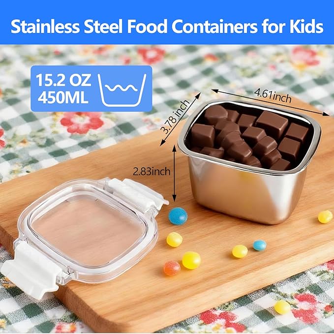 5 Piece Stainless Steel Containers with Lids, 15.2oz Food Storage Containers Leakproof Lunch Small Snack Boxes, Reusable Meal Prep Containers Suitable for Dips, Condiments, Snacks