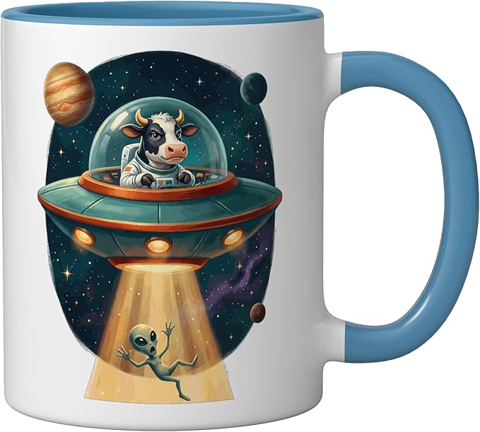 Funny Cow Astronaut UFO Abducting Alien Space Graphic Ceramic Mug, Blue/White