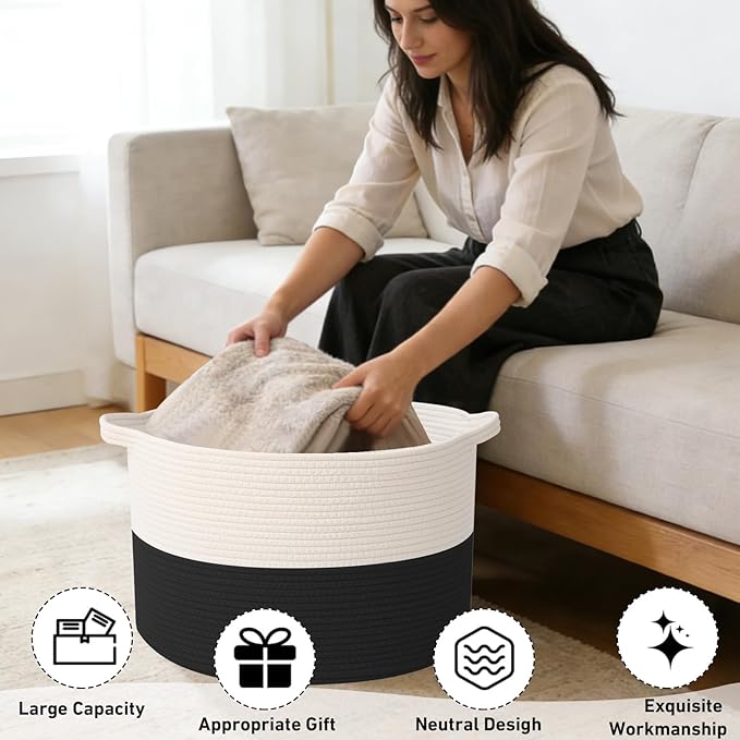 65L Large Blanket Basket,Woven Rope Laundry Basket Hamper with Handles,Decorative Nursery Basket Storage Bin for Toys, Pillows , Clothes Organizer, Living Room, Bedroom, Bathroom, White&Black
