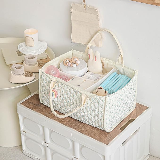 Quilted Fabric Storage Basket Floral Baby Diaper Caddy Quilted Basket for Nursery Bedroom Car Storage (L- Green)