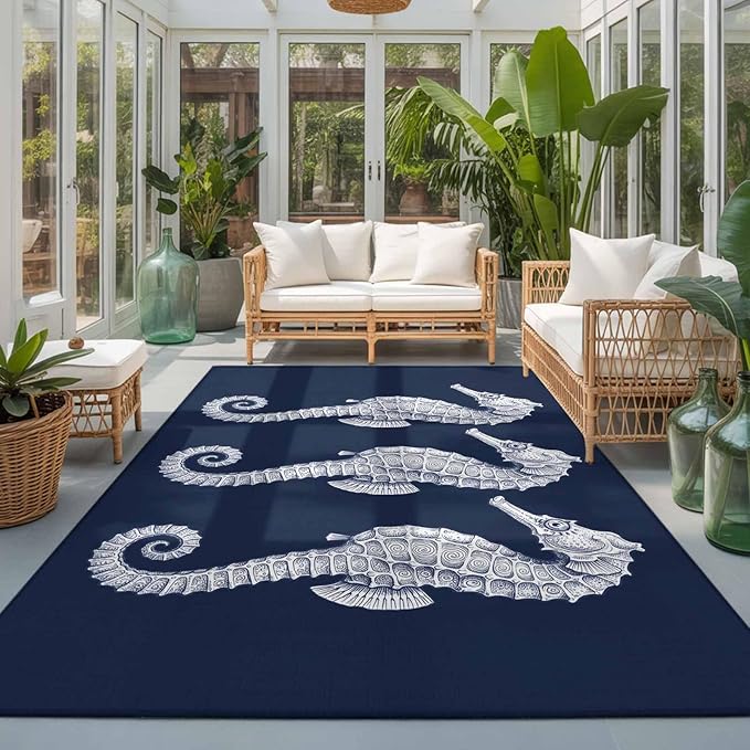 Area Rug 3x5ft, Ocean Life Seahorse Navy Blue Washable Rugs for Living Room Bedroom, Summer Nautical Theme Soft Non-Slip Area Rugs Rectangle Floor Carpet for Dining Room