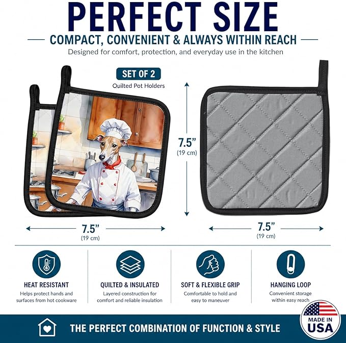 Caroline's Treasures Whippet The Chef Pair of Pot Holders Kitchen Heat Resistant Pot Holders Sets Oven Hot Pads for Cooking Baking BBQ, 7 1/2 x 7 1/2
