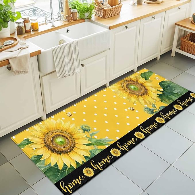 Runner Rug for Bedroom Hallway, Summer Watercolor Sunflowers Bees Kitchen Runner Rugs Area Rug 2x6ft, Farmhouse Floral Art Washable Soft Floor Carpet for Entryway Stair