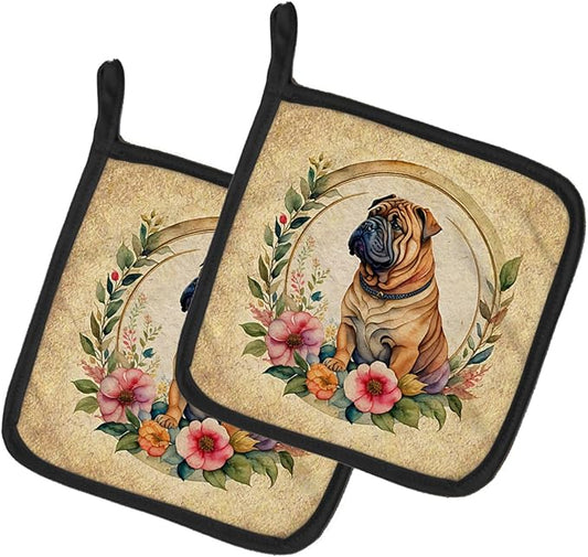 Caroline's Treasures Shar Pei and Flowers Pair of Pot Holders Kitchen Heat Resistant Pot Holders Sets Oven Hot Pads for Cooking Baking BBQ, 7 1/2 x 7 1/2
