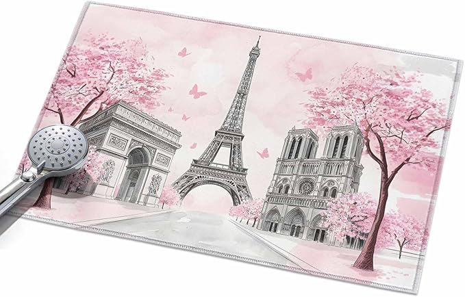 Area Rug 2x3ft, Modern Pink Flower Paris Landmarks Washable Rugs for Living Room Bedroom, Towel Architecture Soft Non-Slip Area Rugs Rectangle Floor Carpet for Dining Room