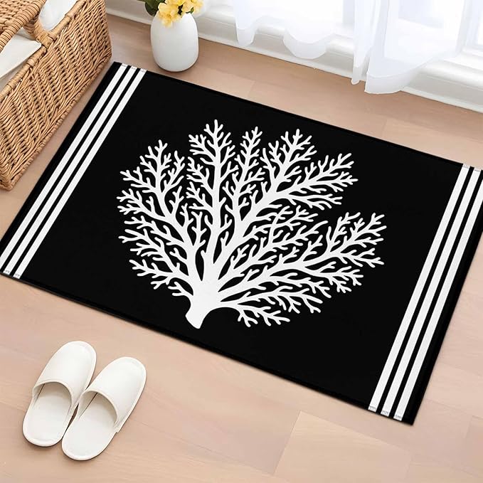 Area Rug 2x3ft, Coastal Coral Reef Texture Washable Rugs for Living Room Bedroom, Ocean Theme Black White Soft Non-Slip Area Rugs Rectangle Floor Carpet for Dining Room