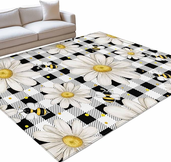Area Rug 3x5ft, Farmhouse Blossom Flower Bee Washable Rugs for Living Room Bedroom, Spring Daisy Black White Plaid Soft Non-Slip Area Rugs Rectangle Floor Carpet for Dining Room