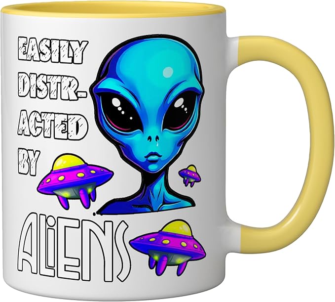Easily Distracted By Aliens Funny Sci Fi Apparel Design Ceramic Mug, Yellow/White