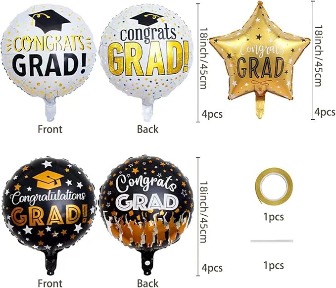 Graduation Balloons Set -12 Pcs Black Gold Congrats Grad Foil Balloons Decor,GRAD Letters Mylar Balloons Class of 2026 Congrats Grad for College High School Graduation Party Decorations Supplies