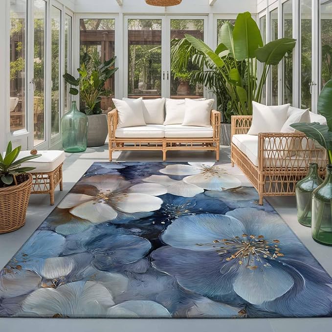 Area Rug 3x5ft, Watercolor White Navy Blue Floral Foliage Washable Rugs for Living Room Bedroom, Abstract Flower Soft Non-Slip Area Rugs Rectangle Floor Carpet for Dining Room