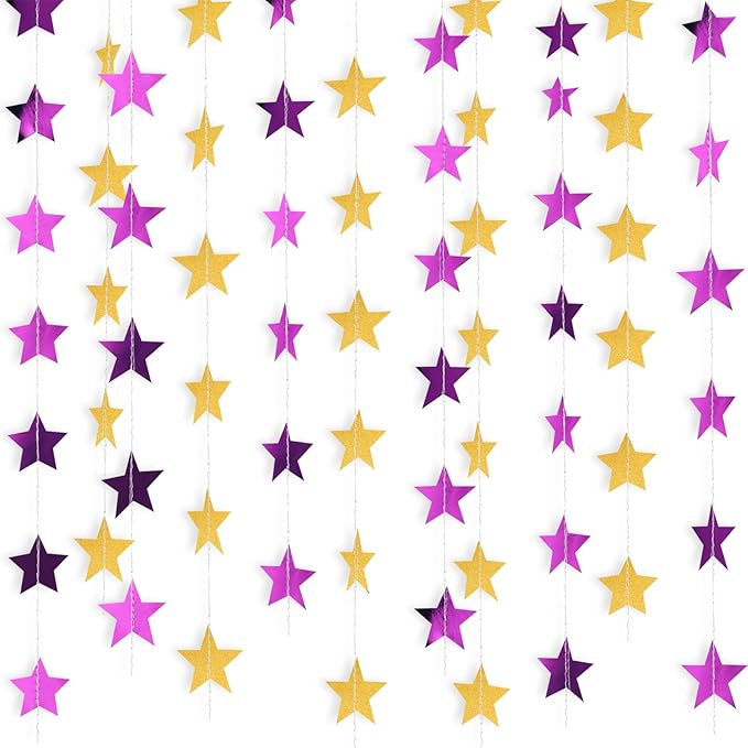 Patelai 130 Feet Glitter Star Garland Banner 2026 Party Decoration Double Side Star Hanging String Streamer Paper Twinkle for Graduation Wedding Birthday (Gold and Purple)