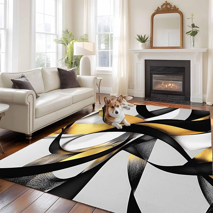 Area Rug 6x9ft, Modern Geometric Stripe Texture Washable Rugs for Living Room Bedroom, Abstract Gold Black White Line Soft Non-Slip Area Rugs Rectangle Floor Carpet for Dining Room