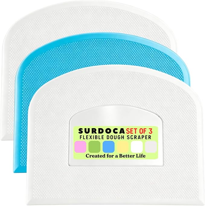 SURDOCA Dough Scraper Bench Scraper - 3P 4.7x3.7" Plastic Flexible Bowl Scraper, Sharp Edge & Angles Cake Scraper. Non-Slip Bakeware Decorating Tools Sculpting & Modeling Tools - White+Blue+White