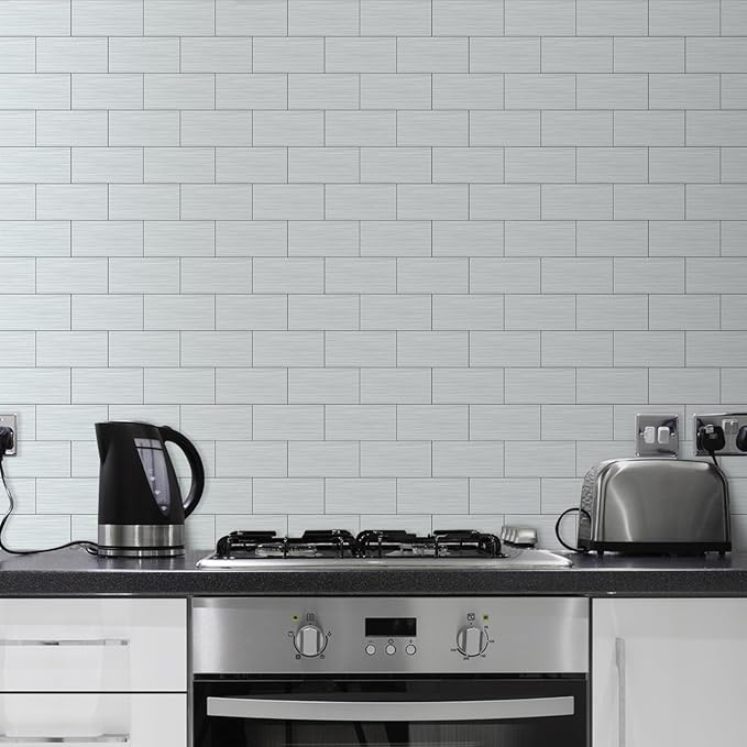 AULIGET 3" x 6" Metal Subway Tile Peel and Stick Backsplash, Stainless Steel Stick on Wall Tiles for Backsplash Kitchen, Bathroom, Laundry Room, Camper, Fireplace, Pack of 4