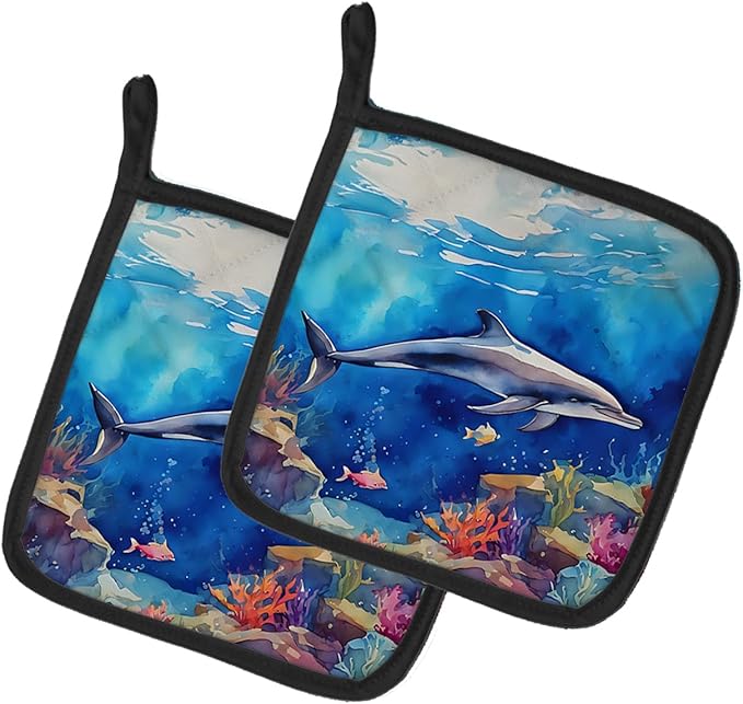Caroline's Treasures Dolphin Pair of Pot Holders Kitchen Heat Resistant Pot Holders Sets Oven Hot Pads for Cooking Baking BBQ, 7 1/2 x 7 1/2