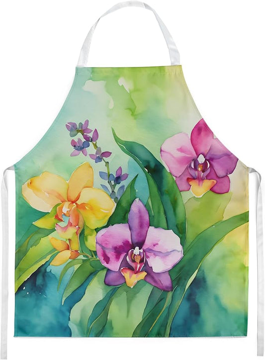 Caroline's Treasures Orchids in Watercolor Apron Cooking Kitchen Server Baking Crafts Gardening for Adult Women Men, Unisex, Large, Multicolor